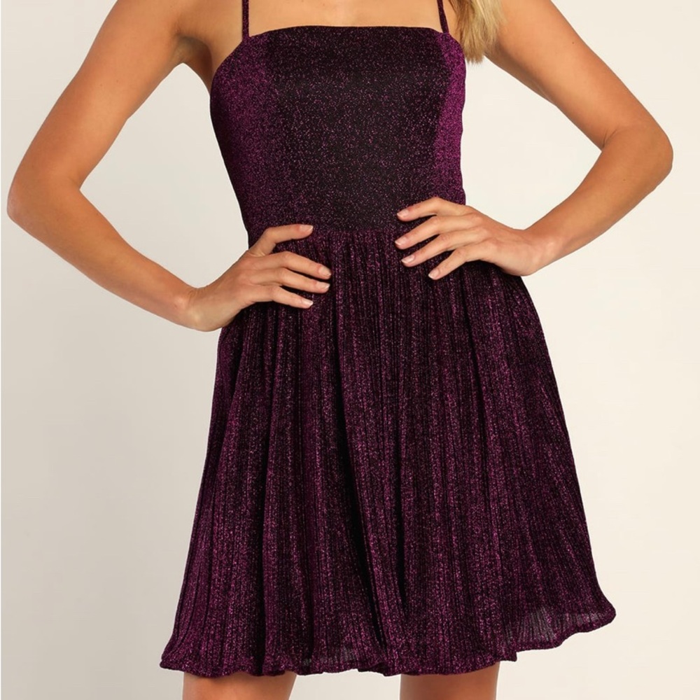 NWT Purple Sparkly Lace-Up Pleated Skater Dress